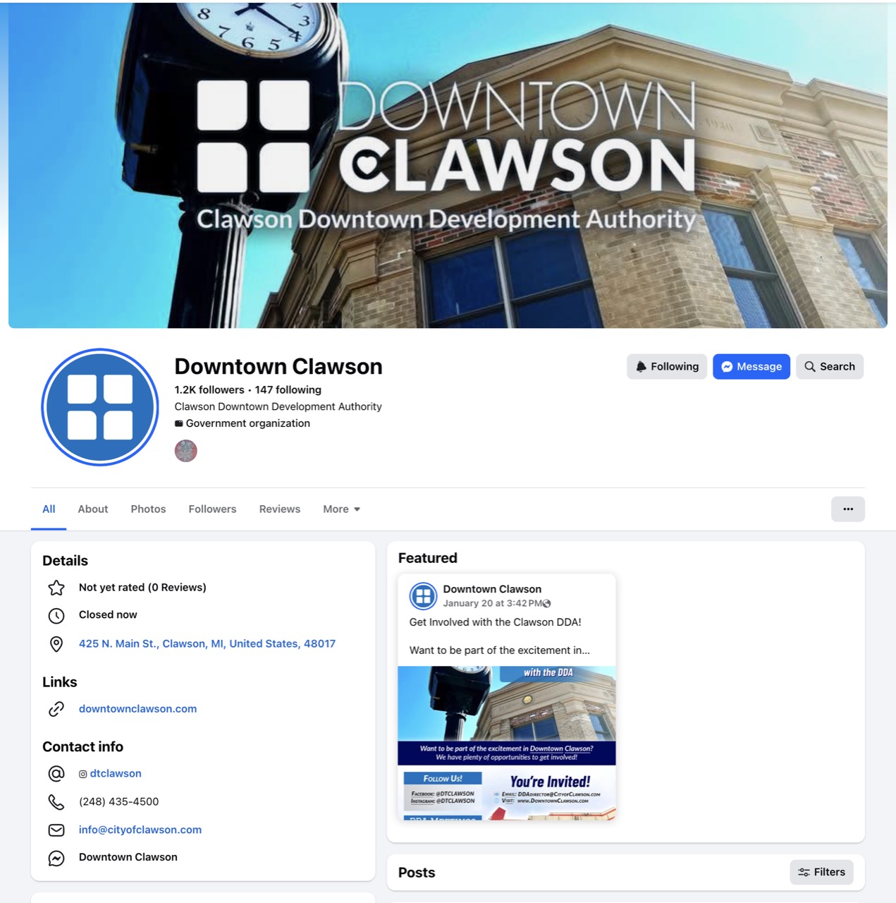 Screenshot of Downtown Clawson Facebook with event updates and announcements