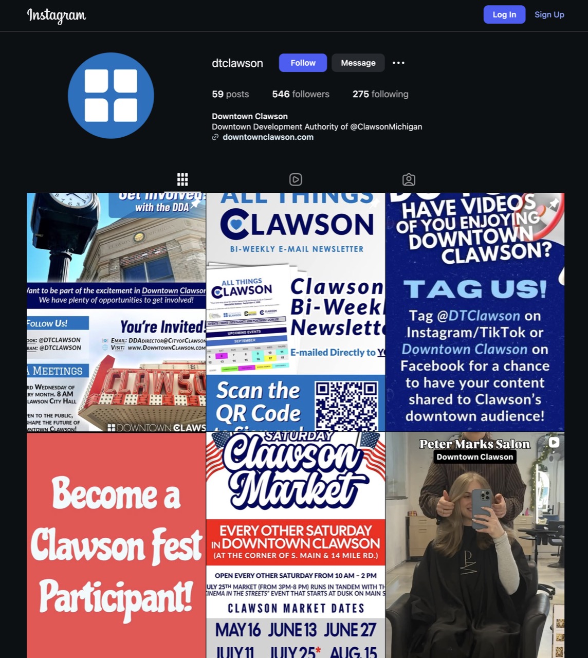 Screenshot of Downtown Clawson Instagram with event posts and downtown photos